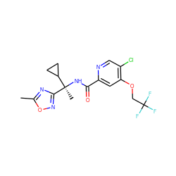 Cc1nc([C@](C)(NC(=O)c2cc(OCC(F)(F)F)c(Cl)cn2)C2CC2)no1 ZINC000149219671