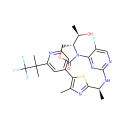 Cc1nc([C@H](C)Nc2ncc(F)c(N3C(=O)OC[C@@H]3[C@@H](C)O)n2)sc1-c1ccnc(C(C)(C)C(F)(F)F)c1 ZINC000218189501