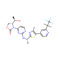 Cc1nc([C@H](C)Nc2nccc(N3C(=O)OC[C@@H]3[C@@H](C)O)n2)sc1-c1ccnc(C(C)(C)C(F)(F)F)c1 ZINC000218165539