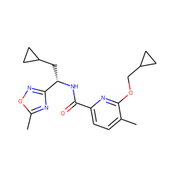 Cc1nc([C@H](CC2CC2)NC(=O)c2ccc(C)c(OCC3CC3)n2)no1 ZINC000207729014