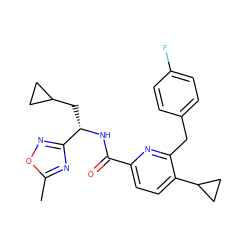 Cc1nc([C@H](CC2CC2)NC(=O)c2ccc(C3CC3)c(Cc3ccc(F)cc3)n2)no1 ZINC000207739731