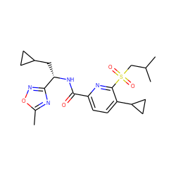 Cc1nc([C@H](CC2CC2)NC(=O)c2ccc(C3CC3)c(S(=O)(=O)CC(C)C)n2)no1 ZINC000207741785