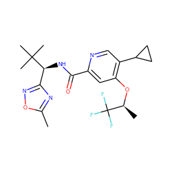 Cc1nc([C@H](NC(=O)c2cc(O[C@@H](C)C(F)(F)F)c(C3CC3)cn2)C(C)(C)C)no1 ZINC000146349193