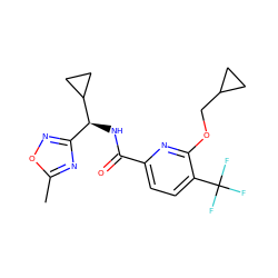 Cc1nc([C@H](NC(=O)c2ccc(C(F)(F)F)c(OCC3CC3)n2)C2CC2)no1 ZINC000207736162