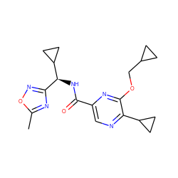 Cc1nc([C@H](NC(=O)c2cnc(C3CC3)c(OCC3CC3)n2)C2CC2)no1 ZINC000207365161