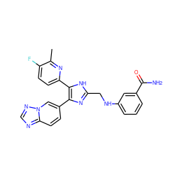 Cc1nc(-c2[nH]c(CNc3cccc(C(N)=O)c3)nc2-c2ccc3ncnn3c2)ccc1F ZINC000473154249