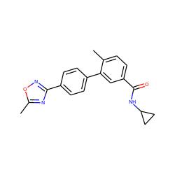 Cc1nc(-c2ccc(-c3cc(C(=O)NC4CC4)ccc3C)cc2)no1 ZINC000040957766