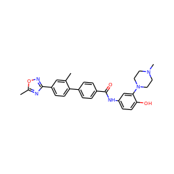 Cc1nc(-c2ccc(-c3ccc(C(=O)Nc4ccc(O)c(N5CCN(C)CC5)c4)cc3)c(C)c2)no1 ZINC000013805063