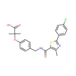 Cc1nc(-c2ccc(Cl)cc2)sc1C(=O)NCc1ccc(OC(C)(C)C(=O)O)cc1 ZINC000037866953