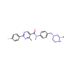 Cc1nc(-c2ccc(F)cc2)ncc1C(=O)N(C)c1ccc(CN2CCN[C@@H](C)C2)cc1 ZINC000095598485