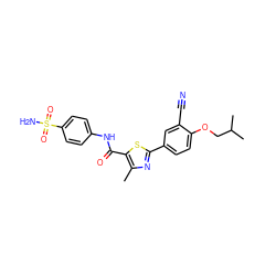 Cc1nc(-c2ccc(OCC(C)C)c(C#N)c2)sc1C(=O)Nc1ccc(S(N)(=O)=O)cc1 ZINC000653861890