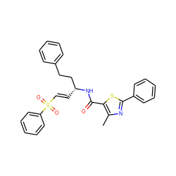 Cc1nc(-c2ccccc2)sc1C(=O)N[C@H](/C=C/S(=O)(=O)c1ccccc1)CCc1ccccc1 ZINC000049792760