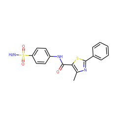 Cc1nc(-c2ccccc2)sc1C(=O)Nc1ccc(S(N)(=O)=O)cc1 ZINC000001033996