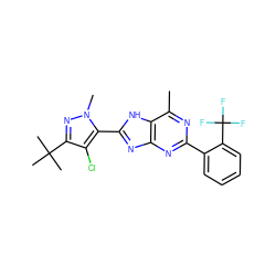 Cc1nc(-c2ccccc2C(F)(F)F)nc2nc(-c3c(Cl)c(C(C)(C)C)nn3C)[nH]c12 ZINC000140595386