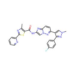 Cc1nc(-c2ccccn2)sc1C(=O)Nc1cn2nc(-c3cn(C)nc3-c3ccc(F)cc3)ccc2n1 ZINC001772615296