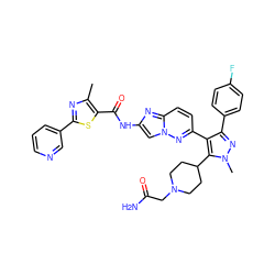 Cc1nc(-c2cccnc2)sc1C(=O)Nc1cn2nc(-c3c(-c4ccc(F)cc4)nn(C)c3C3CCN(CC(N)=O)CC3)ccc2n1 ZINC000219843367