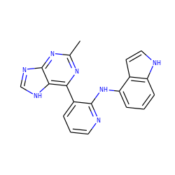 Cc1nc(-c2cccnc2Nc2cccc3[nH]ccc23)c2[nH]cnc2n1 ZINC000095555367