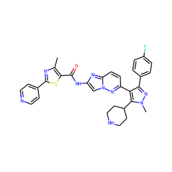 Cc1nc(-c2ccncc2)sc1C(=O)Nc1cn2nc(-c3c(-c4ccc(F)cc4)nn(C)c3C3CCNCC3)ccc2n1 ZINC000220049236