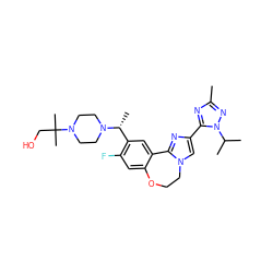 Cc1nc(-c2cn3c(n2)-c2cc([C@@H](C)N4CCN(C(C)(C)CO)CC4)c(F)cc2OCC3)n(C(C)C)n1 ZINC000204425440