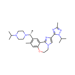 Cc1nc(-c2cn3c(n2)-c2cc([C@@H](C)N4CCN(C(C)C)CC4)c(C)cc2OCC3)n(C(C)C)n1 ZINC000204426158