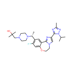 Cc1nc(-c2cn3c(n2)-c2cc([C@@H](C)N4CCN(CC(C)(C)O)CC4)c(F)cc2OCC3)n(C(C)C)n1 ZINC000204685960