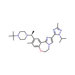 Cc1nc(-c2cn3c(n2)-c2cc([C@H](C)N4CCN(C(C)(C)C)CC4)c(C)cc2OCC3)n(C(C)C)n1 ZINC000204424531