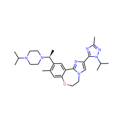 Cc1nc(-c2cn3c(n2)-c2cc([C@H](C)N4CCN(C(C)C)CC4)c(C)cc2OCC3)n(C(C)C)n1 ZINC000204425181