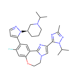 Cc1nc(-c2cn3c(n2)-c2cc(-c4ccnn4[C@@H]4CCCN(C(C)C)C4)c(F)cc2OCC3)n(C(C)C)n1 ZINC000144273455