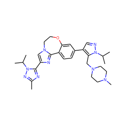 Cc1nc(-c2cn3c(n2)-c2ccc(-c4cnn(C(C)C)c4CN4CCN(C)CC4)cc2OCC3)n(C(C)C)n1 ZINC000204428651