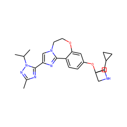 Cc1nc(-c2cn3c(n2)-c2ccc(OC4(CC5CC5)CNC4)cc2OCC3)n(C(C)C)n1 ZINC000204416657