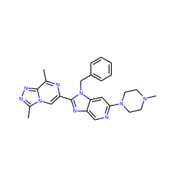 Cc1nc(-c2nc3cnc(N4CCN(C)CC4)cc3n2Cc2ccccc2)cn2c(C)nnc12 ZINC000209377465