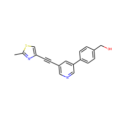 Cc1nc(C#Cc2cncc(-c3ccc(CO)cc3)c2)cs1 ZINC000137253189