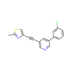 Cc1nc(C#Cc2cncc(-c3cccc(Cl)c3)c2)cs1 ZINC000137297835