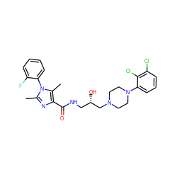 Cc1nc(C(=O)NC[C@H](O)CN2CCN(c3cccc(Cl)c3Cl)CC2)c(C)n1-c1ccccc1F ZINC000072104785