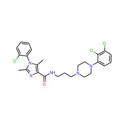 Cc1nc(C(=O)NCCCN2CCN(c3cccc(Cl)c3Cl)CC2)c(C)n1-c1ccccc1Cl ZINC000072105528