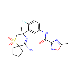 Cc1nc(C(=O)Nc2ccc(F)c([C@]3(C)CS(=O)(=O)C4(CCCC4)C(N)=N3)c2)no1 ZINC000207721818