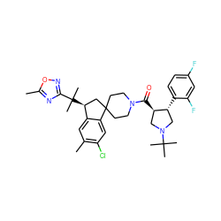 Cc1nc(C(C)(C)[C@H]2CC3(CCN(C(=O)[C@@H]4CN(C(C)(C)C)C[C@H]4c4ccc(F)cc4F)CC3)c3cc(Cl)c(C)cc32)no1 ZINC000064513594