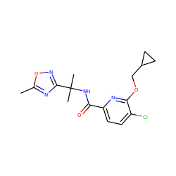 Cc1nc(C(C)(C)NC(=O)c2ccc(Cl)c(OCC3CC3)n2)no1 ZINC000206696913