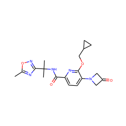 Cc1nc(C(C)(C)NC(=O)c2ccc(N3CC(=O)C3)c(OCC3CC3)n2)no1 ZINC000206687430