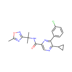 Cc1nc(C(C)(C)NC(=O)c2cnc(C3CC3)c(-c3cccc(Cl)c3)n2)no1 ZINC000207339182