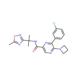 Cc1nc(C(C)(C)NC(=O)c2cnc(N3CCC3)c(-c3cccc(Cl)c3)n2)no1 ZINC000207339437