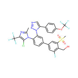 Cc1nc(C(F)(F)F)c(Cl)n1-c1ccc(-c2cc(F)c(CO)c(S(C)(=O)=O)c2)cc1-n1nncc1-c1ccc(OC(F)(F)F)cc1 ZINC000220676591