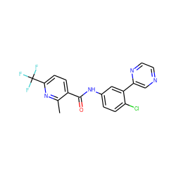 Cc1nc(C(F)(F)F)ccc1C(=O)Nc1ccc(Cl)c(-c2cnccn2)c1 ZINC000045286013