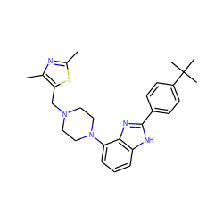 Cc1nc(C)c(CN2CCN(c3cccc4[nH]c(-c5ccc(C(C)(C)C)cc5)nc34)CC2)s1 ZINC000040952650