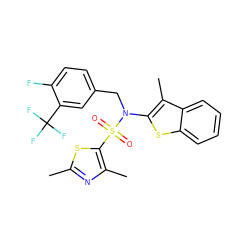 Cc1nc(C)c(S(=O)(=O)N(Cc2ccc(F)c(C(F)(F)F)c2)c2sc3ccccc3c2C)s1 ZINC000115233084