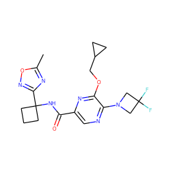 Cc1nc(C2(NC(=O)c3cnc(N4CC(F)(F)C4)c(OCC4CC4)n3)CCC2)no1 ZINC000207344941