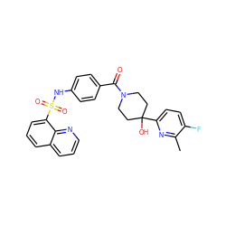 Cc1nc(C2(O)CCN(C(=O)c3ccc(NS(=O)(=O)c4cccc5cccnc45)cc3)CC2)ccc1F ZINC000220701173