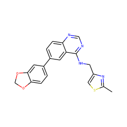 Cc1nc(CNc2ncnc3ccc(-c4ccc5c(c4)OCO5)cc23)cs1 ZINC000036382583
