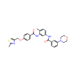 Cc1nc(COc2ccc(C(=O)Nc3cc(NC(=O)c4cccc(N5CCOCC5)c4)ccc3C)cc2)cs1 ZINC000028377370