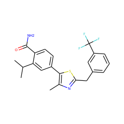 Cc1nc(Cc2cccc(C(F)(F)F)c2)sc1-c1ccc(C(N)=O)c(C(C)C)c1 ZINC001772579350